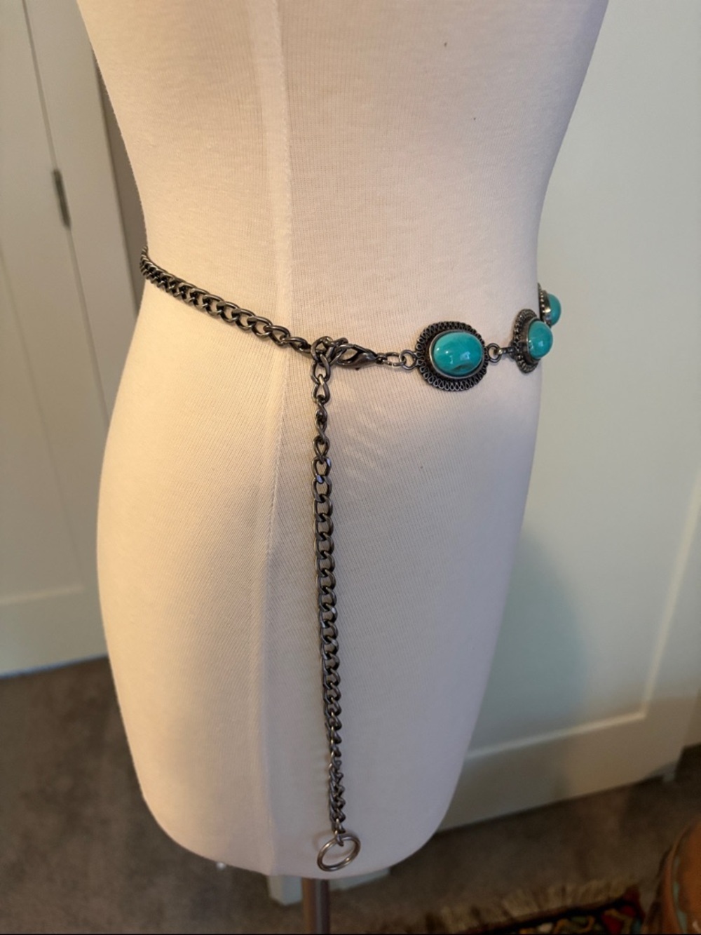 Turquoise Stone and silver Oval Link Waist Belt - - Picture 3 of 6